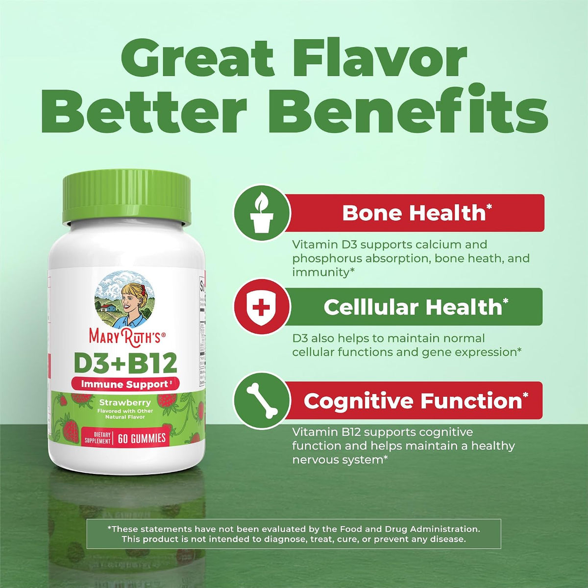 MARYRUTH'S Vitamin D3 + B12 Gummies for Ages 4+ | Bone Health | Immune Support | Energy Metabolism | Cognitive Function | Vegan | GM-Free | Gluten-free | 60 Gummies | 2 Month Supply - görsel 4