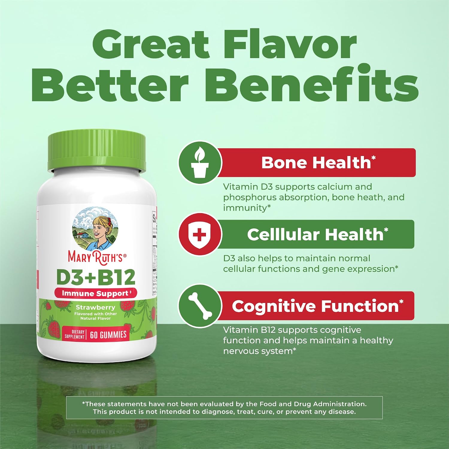 MARYRUTH'S Vitamin D3 + B12 Gummies for Ages 4+ | Bone Health | Immune Support | Energy Metabolism | Cognitive Function | Vegan | GM-Free | Gluten-free | 60 Gummies | 2 Month Supply - görsel 4