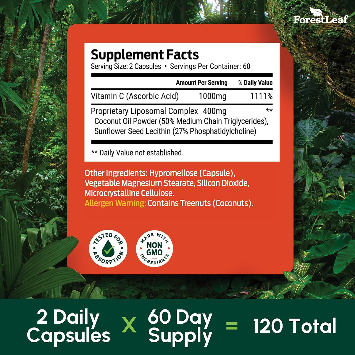 ForestLeaf Liposomal Vitamin C 1400mg Capsules – High-dose Vitamin C Supplement with Coconut Oil for Fast Absorption – 120 Vegan Capsules - görsel 6