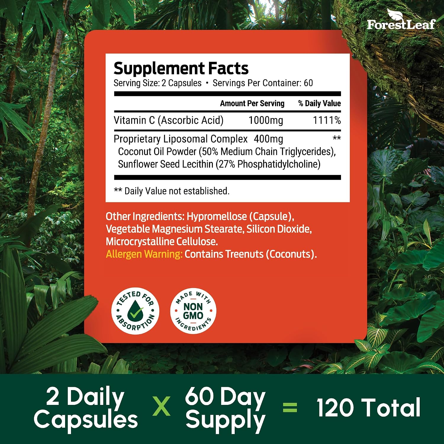 ForestLeaf Liposomal Vitamin C 1400mg Capsules – High-dose Vitamin C Supplement with Coconut Oil for Fast Absorption – 120 Vegan Capsules - görsel 6