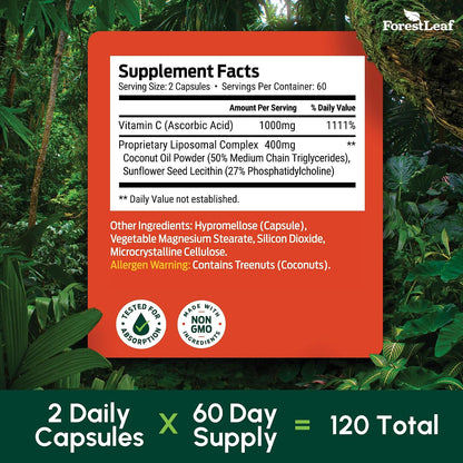 ForestLeaf Liposomal Vitamin C 1400mg Capsules – High-dose Vitamin C Supplement with Coconut Oil for Fast Absorption – 120 Vegan Capsules