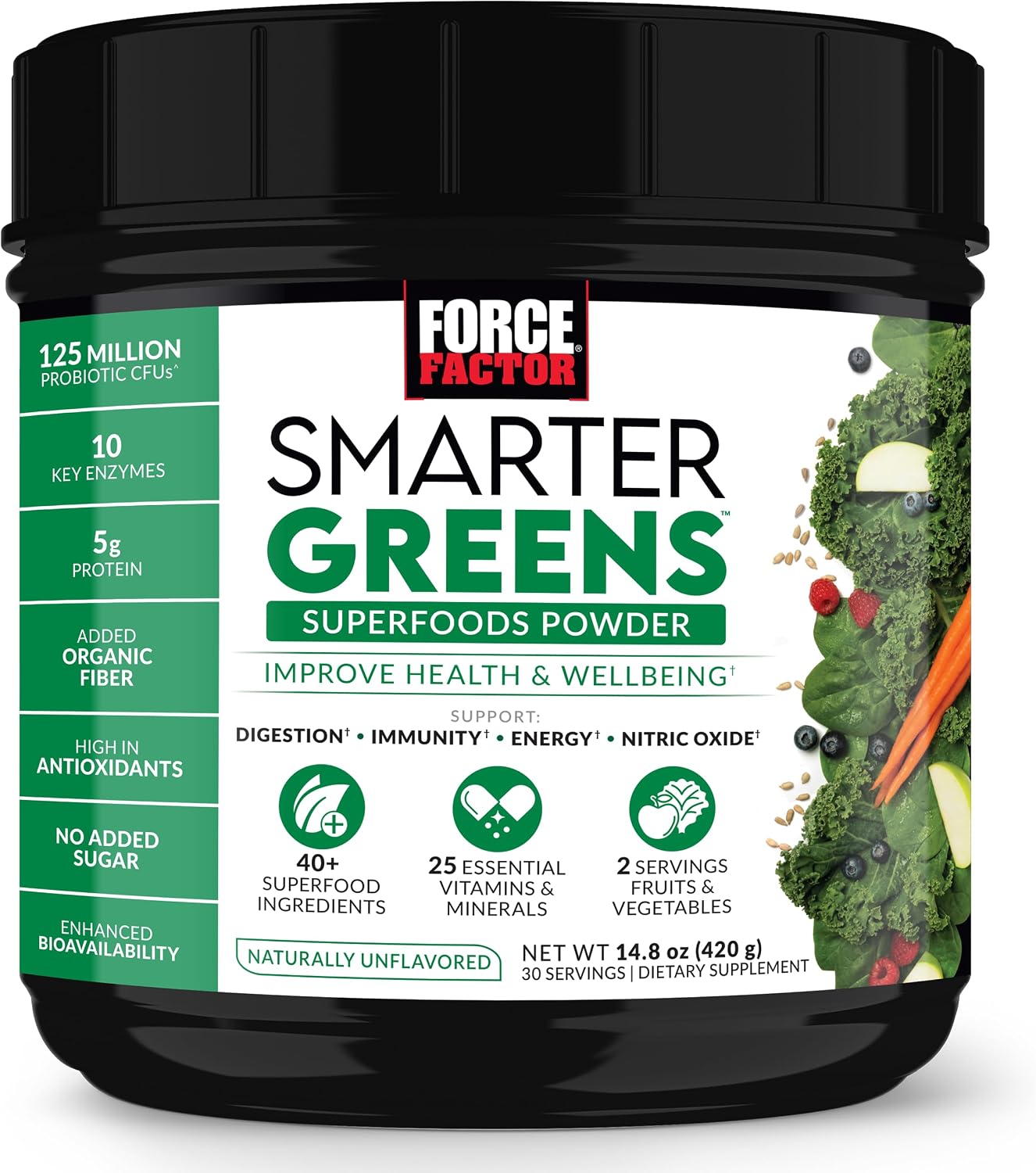 Force Factor Smarter Greens Superfoods Powder – with Probiotics, Digestive Enzymes & 40+ Superfoods - görsel 1