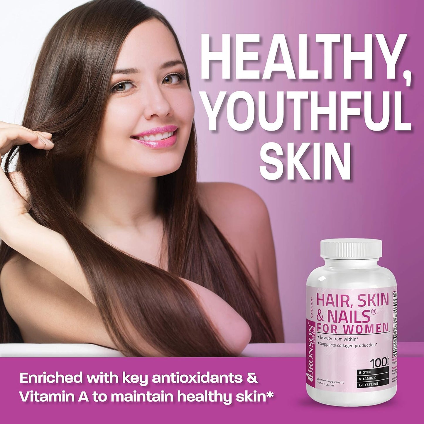 Bronson Hair, Skin & Nails with Biotin Extra Strength - 100 Capsules - görsel 4