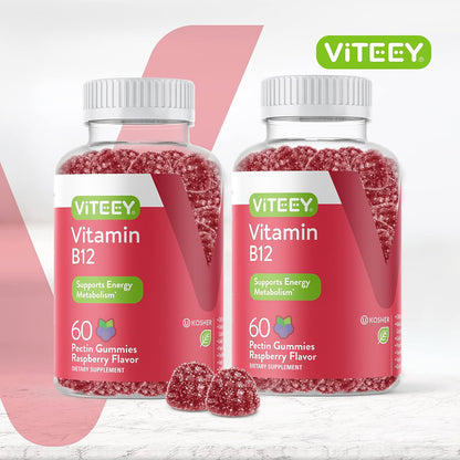 Viteey Vitamin B12 Gummies - 1000mcg - Vegan, Gluten-free, Raspberry Flavour - 120 Count