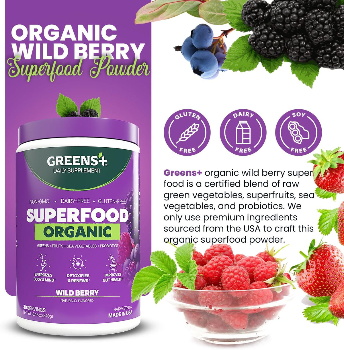 Greens+ Organic Wild Berry Superfood Powder - görsel 2