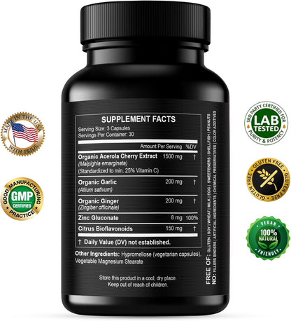 Natural Vitamin C from Organic Acerola Cherry - Enhanced Absorption - with Garlic Ginger & Citrus Bioflavonoids - Immune System & Collagen Booster - Anti-Ageing Skin Vitamins