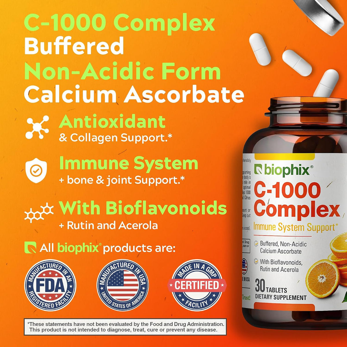 biophix Vitamin C-1000 mg Complex – 30 Tablets – Vegan with Calcium, Citrus Bioflavonoids, Acerola & Rutin – Supports Immune Health - görsel 5