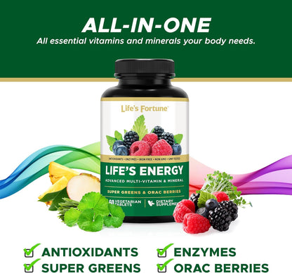Life's Energy Advanced Daily Multivitamin with Super Greens – Iron Free, Vegetarian, 60 Tablets