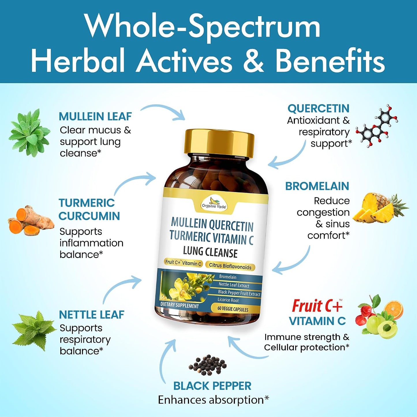 Organic Veda Mullein Quercetin Turmeric Lung Cleanse Capsules - 13 in 1 Herbal Lung Health Supplement - görsel 5