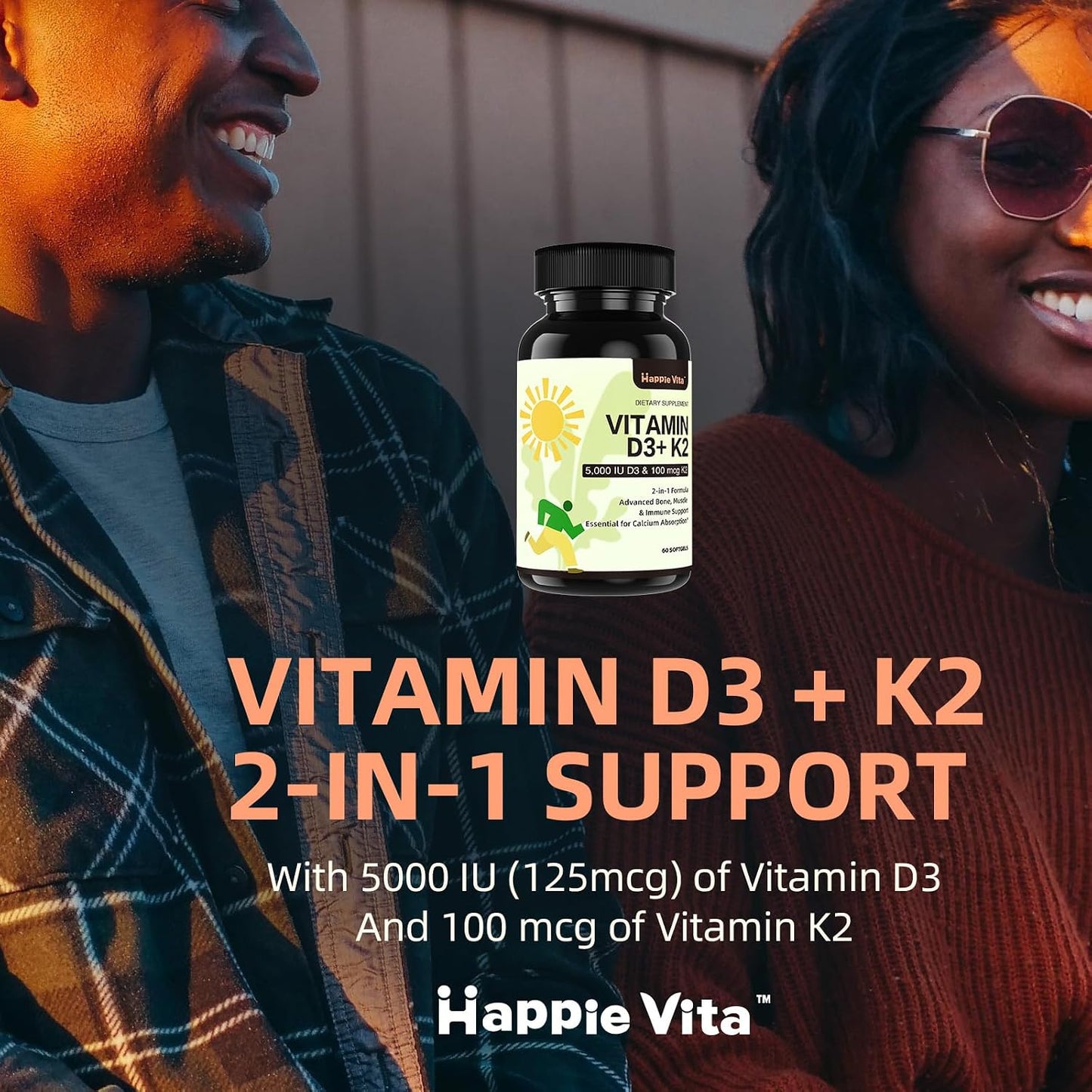 HappieVita Vitamin D3 & K2, 5000 IU (125 µg) + 100 µg, 60 Soft gel capsules - görsel 4