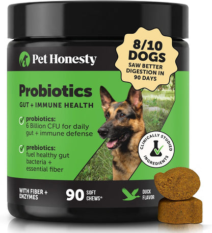 6 Billion CFU Dog Probiotics with Prebiotics, Digestive Enzymes, & Fibre - Relief for Occasional Diarrhoea, Gas, Bloating & Itchy Skin - Daily Gut Health & Immune Support for All Dogs (Duck, 90 Chews)