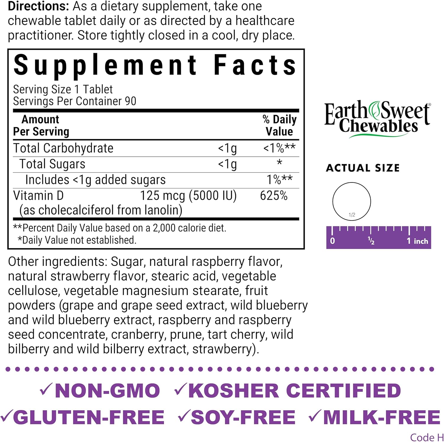 Bluebonnet Nutrition Earth Sweet Vitamin D3 5000 IU Chewable Tablets, Raspberry - 90 Count - görsel 2