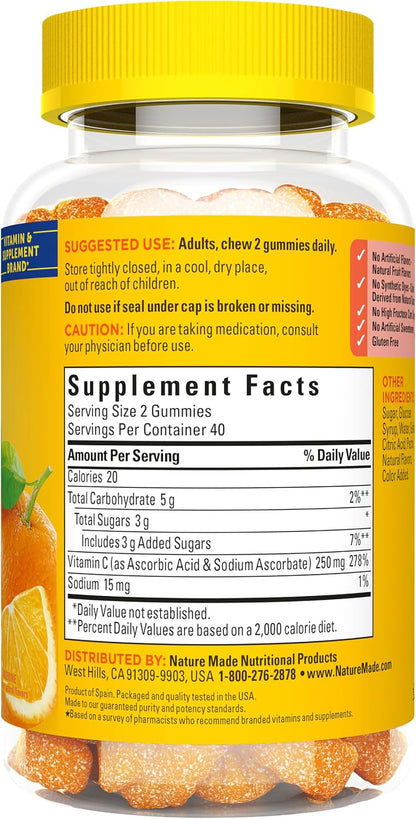 Nature Made Vitamin C Gummies – 250 mg per Serving, 80 Count (40-Day Supply)