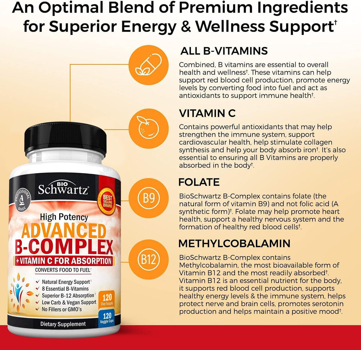 BioSchwartz Vitamin B Complex with Vitamin C – Methylcobalamin B12 & Folate Supplement, 120 Capsules - görsel 4