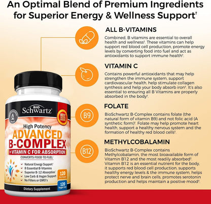BioSchwartz Vitamin B Complex with Vitamin C – Methylcobalamin B12 & Folate Supplement, 120 Capsules