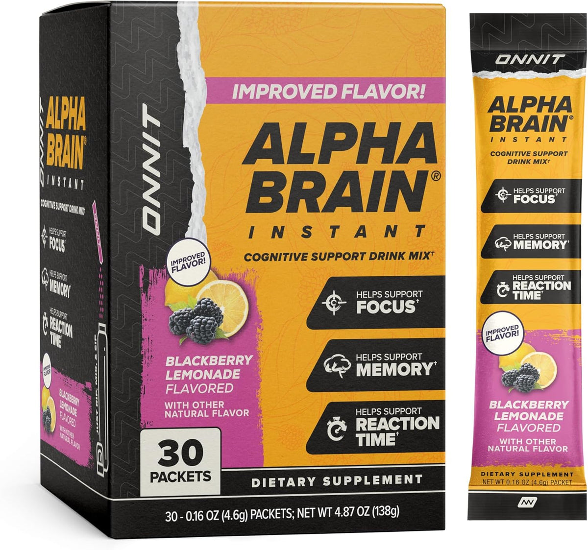 ONNIT Alpha Brain Instant Nootropic Drink Mix, BlackBerry Lemonade, 30 Sachets - görsel 1