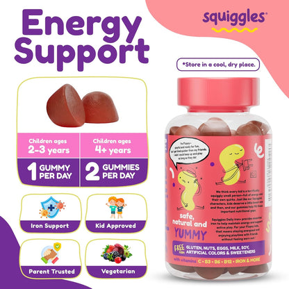 Squiggles Children's Daily Iron+ Gummies - Low Sugar, Vegan, Grape Flavour (100 Count)
