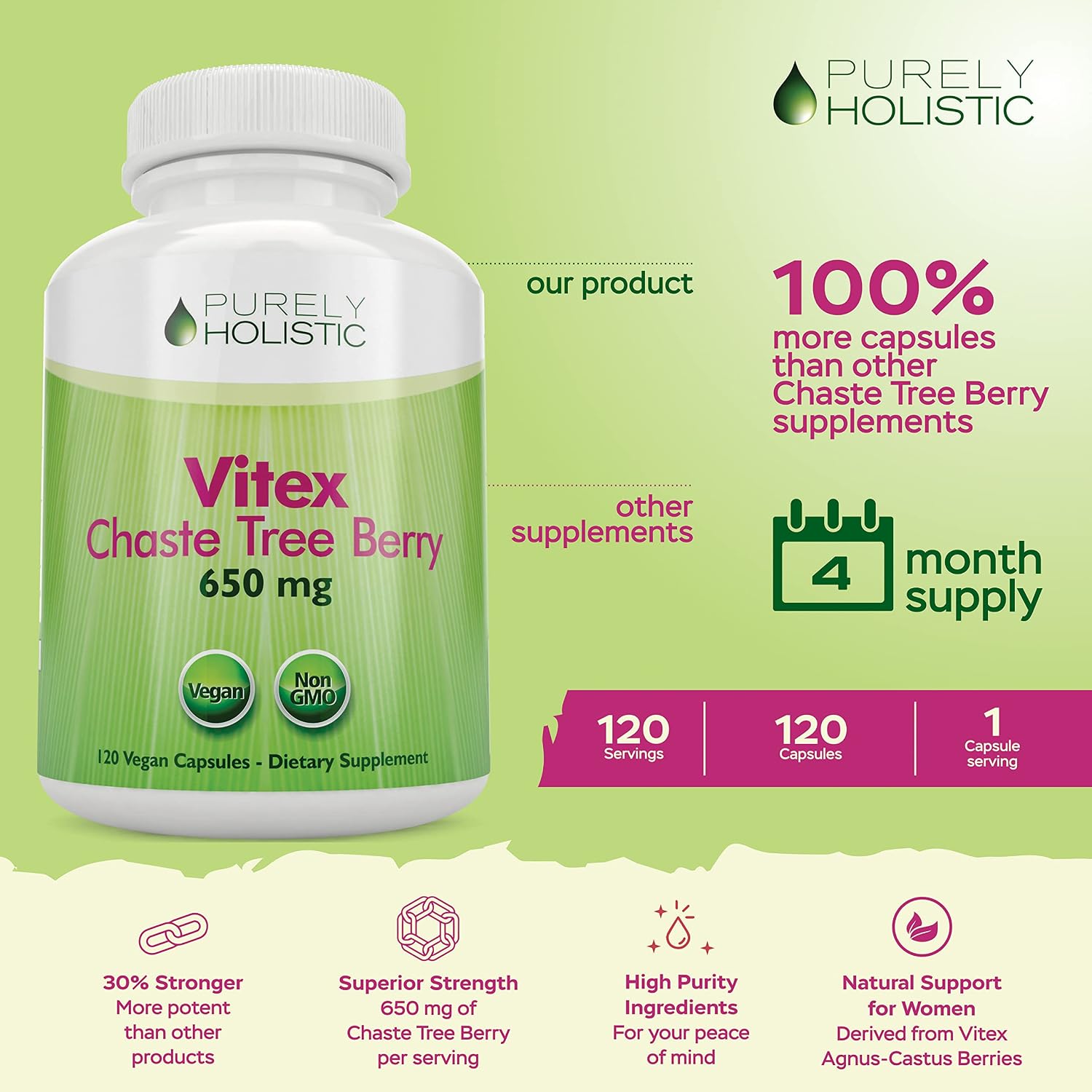 Purely Holistic Chasteberry Vitex Supplement 650mg - 4 Month Supply 120 Vegan Capsules Agnus-Castus Chaste Tree Berry Capsules Supports Normal Hormone Balance for Women - görsel 3