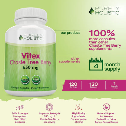 Purely Holistic Chasteberry Vitex Supplement 650mg - 4 Month Supply 120 Vegan Capsules Agnus-Castus Chaste Tree Berry Capsules Supports Normal Hormone Balance for Women