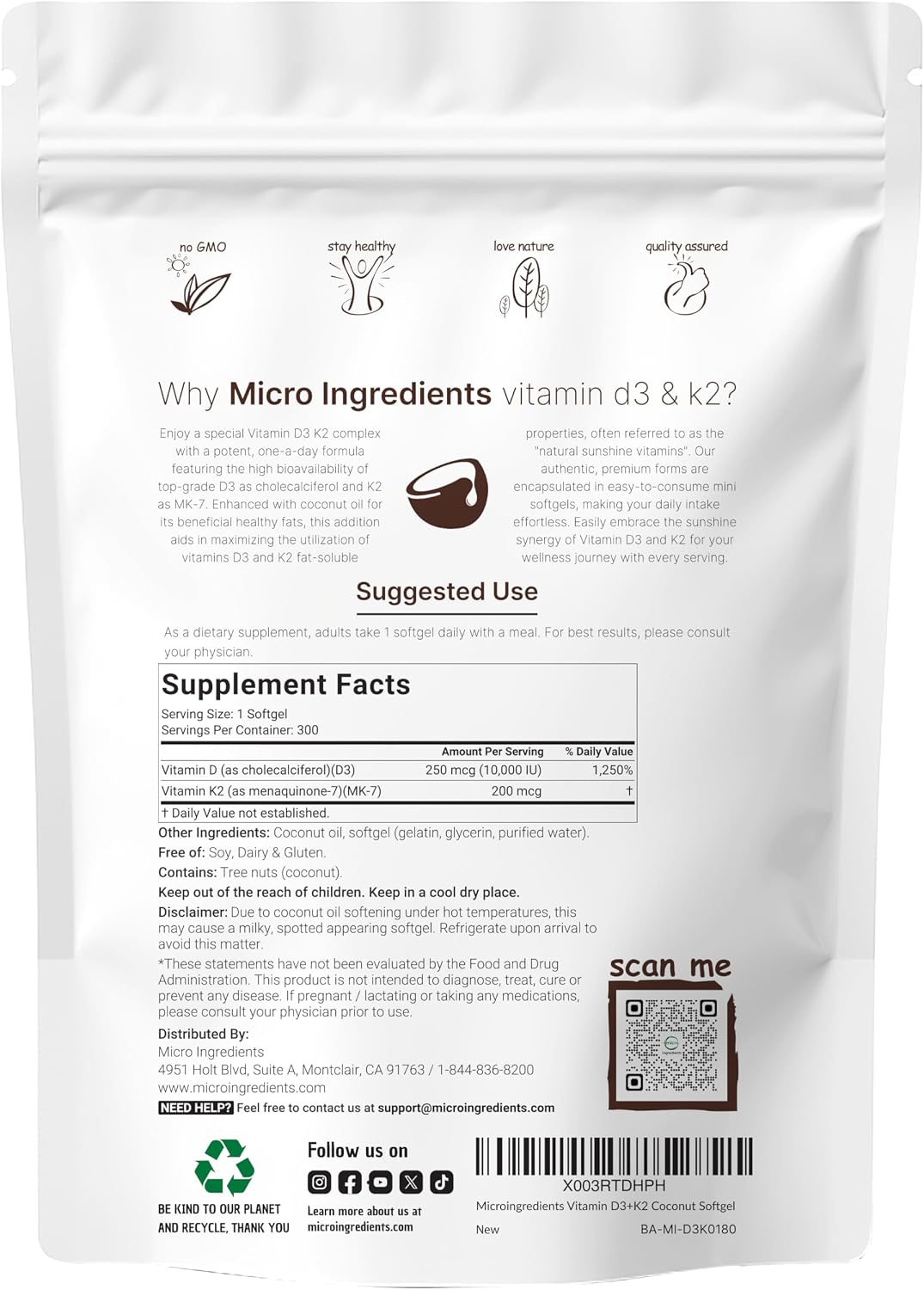 Micro Ingredients Vitamin D3 10,000 IU + K2 MK-7 200 mcg, 600 Soft gel capsules with Virgin Coconut Oil (Pack of 2) - görsel 2
