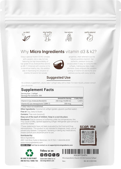 Micro Ingredients Vitamin D3 10,000 IU + K2 MK-7 200 mcg, 600 Soft gel capsules with Virgin Coconut Oil (Pack of 2)
