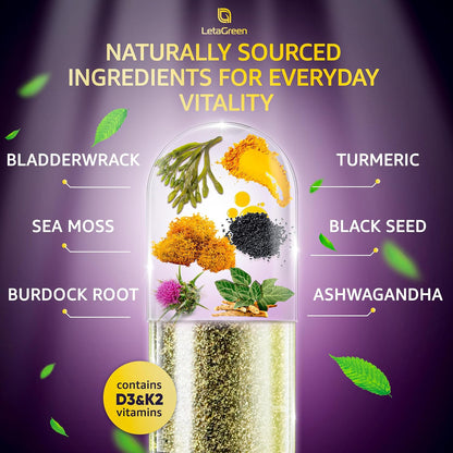 Sea Moss Capsules – 17-in-1 Blend with Black Seed Oil, Ashwagandha, Bladderwrack, Burdock Root, Turmeric, Vitamin D3 K2 C for Daily Health – Multimineral Supplement for Men & Women – 120 Capsules