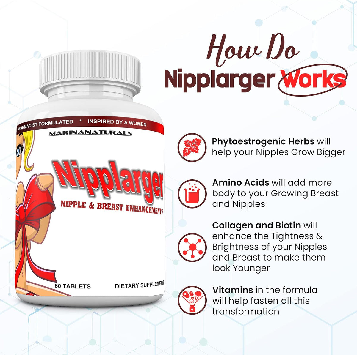 MARINANATURALS NIPPLARGER Nipple and Breast Support Supplement with Biotin, Hyaluronic Acid and Collagen - 60 Tablets - görsel 3