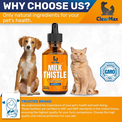 Milk Thistle for Dogs – Liver & Kidney Support for Large & Small Pets – Milk Thistle for Cats to Care for Digestion – Vet-Approved Liquid Formula with Salmon Flavour – GMO Free – 60 ml Bottle