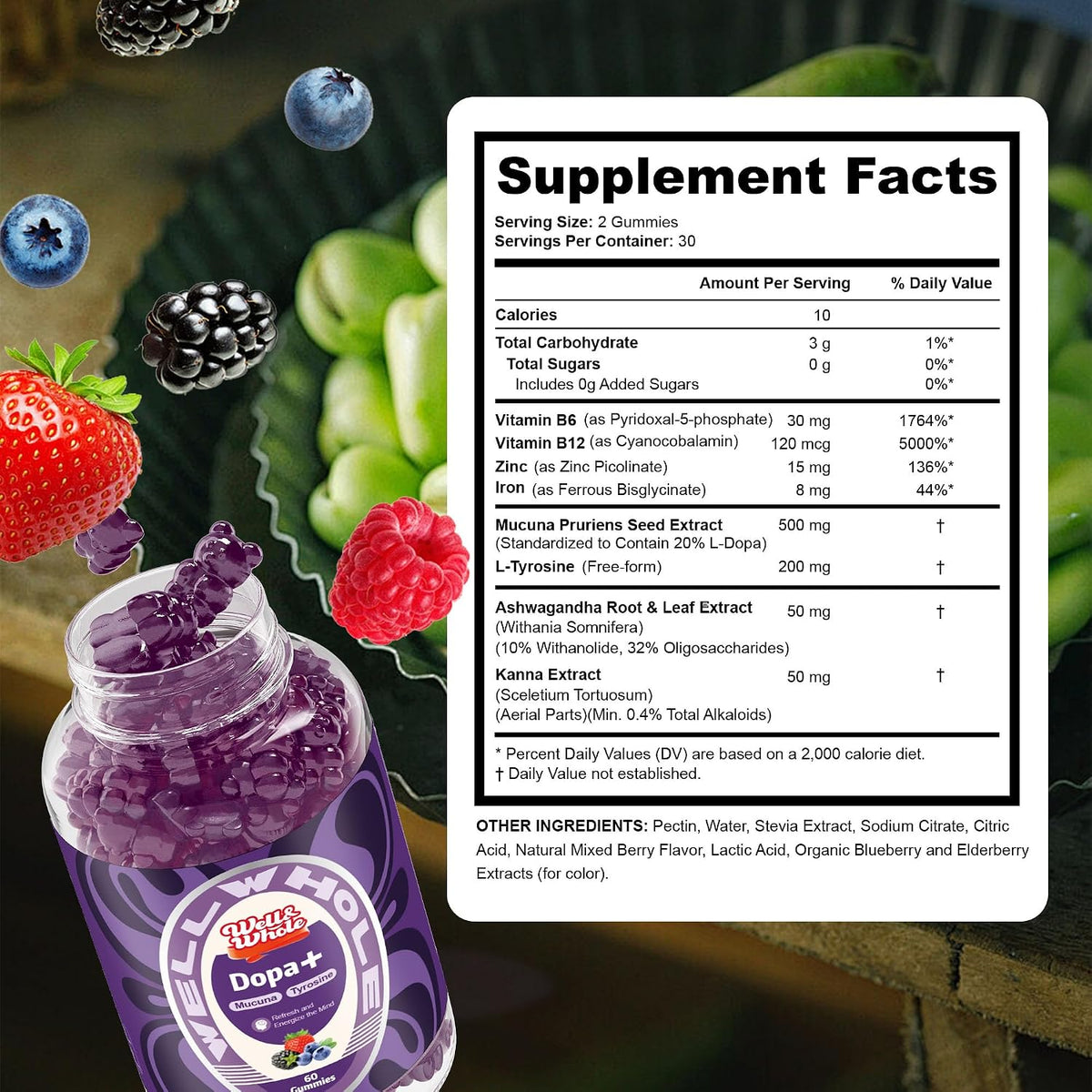 Well&Whole Dopamine Gummies - Mucuna Pruriens with L-Tyrosine & Ashwagandha, Berry Flavour, 60 Count - görsel 6