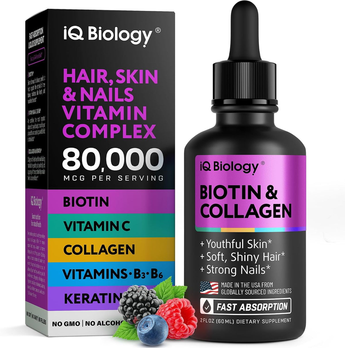 IQ Biology Liquid Biotin 5000mcg with Collagen, Keratin & Hyaluronic Acid – Hair, Skin & Nails Supplement – 60 ml - görsel 1