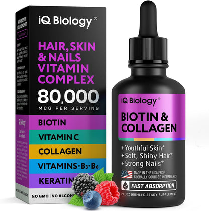 IQ Biology Liquid Biotin 5000mcg with Collagen, Keratin & Hyaluronic Acid – Hair, Skin & Nails Supplement – 60 ml