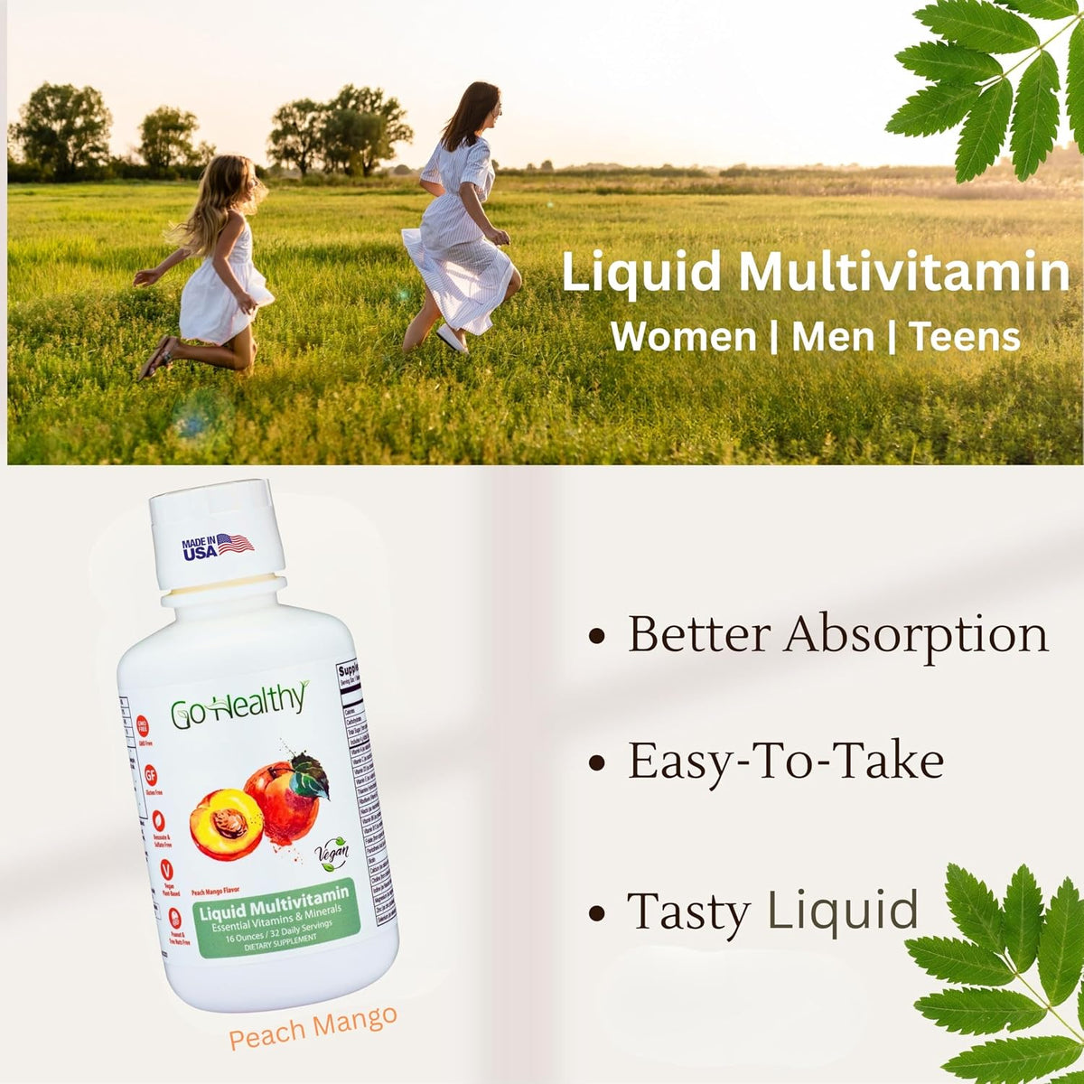 Go Healthy Liquid Multivitamin for Women, Men and Teens | Vegan | High Absorption | Peach Mango Flavour | 32 Servings - görsel 3