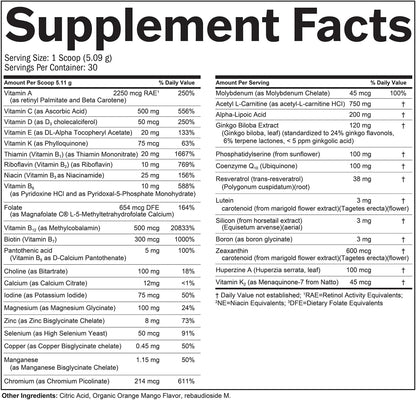 BRAINMD Bright Minds Memory Multi - Orange Mango Powder - Multivitamin & Memory Support - 30 Servings