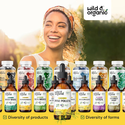 Wild & Organic Pine Pollen Tincture - Pine Pollen Extract Drops for Men & Women - Add to Tea & Drink - Pure Pinus Sylvestris Extract - Vegan, Sugar & Alcohol-Free Liquid Supplement - 2 fl oz (60 ml)