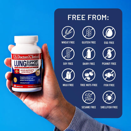 U.S. Doctors' Clinical Lung Support Food Supplement - 12 Chinese Herbs with Vitamins A, C, Magnesium & Zinc - Respiratory & Immune Health - Non-GM, Gluten-free - 60 Capsules