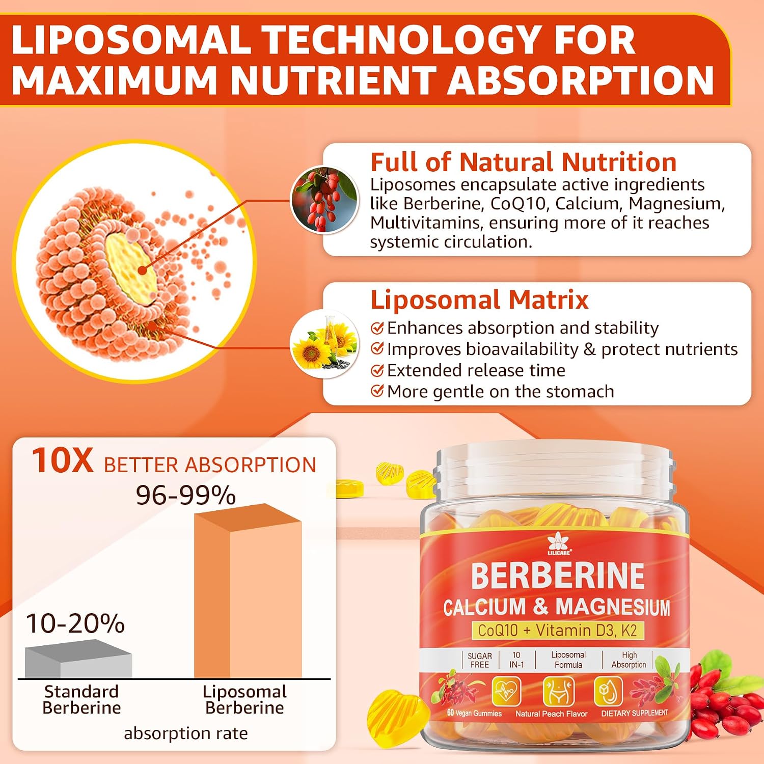LILICARE Berberine Gummies Sugar Free, Extra Absorption with Liposomal Berberine & Berberine HCI, Calcium, Magnesium, AMPK Activator, Vegan, Pack of 1 - görsel 3