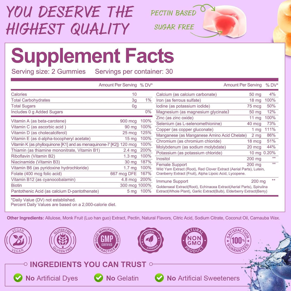 Totaria Sugar Free Multivitamin Gummies for Women 14+ with Iron, Inositol, Folate, Biotin - Mixed Flavours (2 Pack) - görsel 3