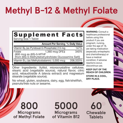 Jarrow Formulae Methyl B-12 & Methyl Folate – Bioactive B12 and B9 Supplement, 60 Chewable Tablets