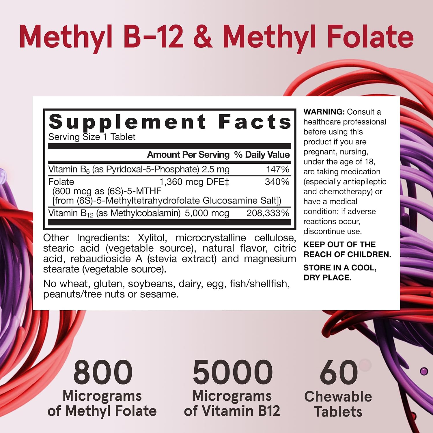 Jarrow Formulae Ultra Strength Methyl B-12 5000 mcg & Methyl Folate 800 mcg + P-5-P, 60 Chewable Tablets - görsel 6
