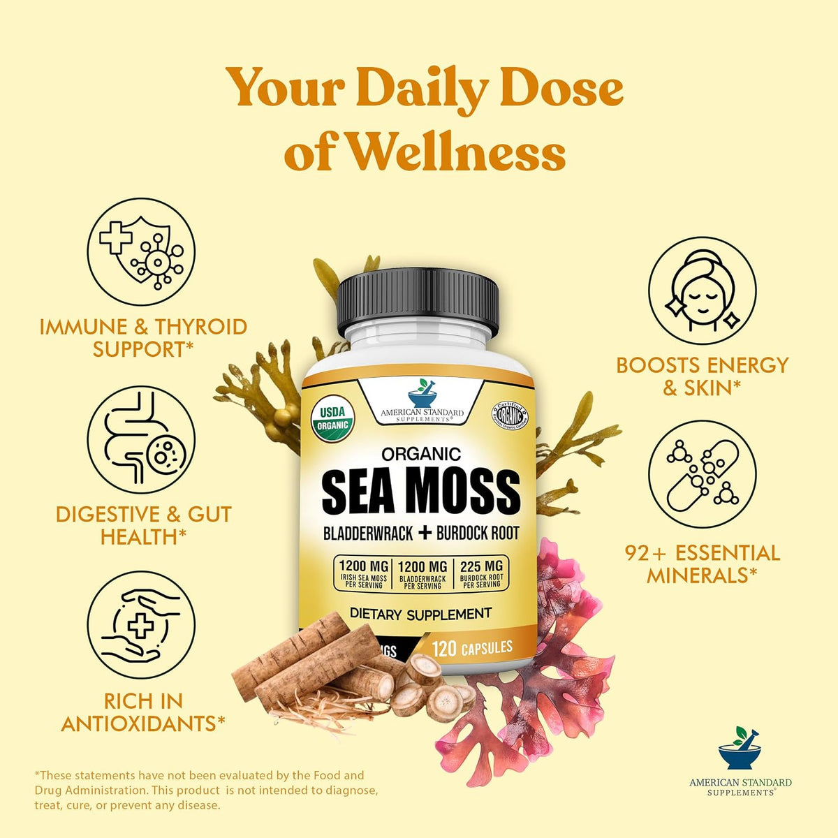 American Standard Supplements Organic Sea Moss, Bladderwrack & Burdock Root Capsules - 1200mg per Serving, 120 Capsules - görsel 5