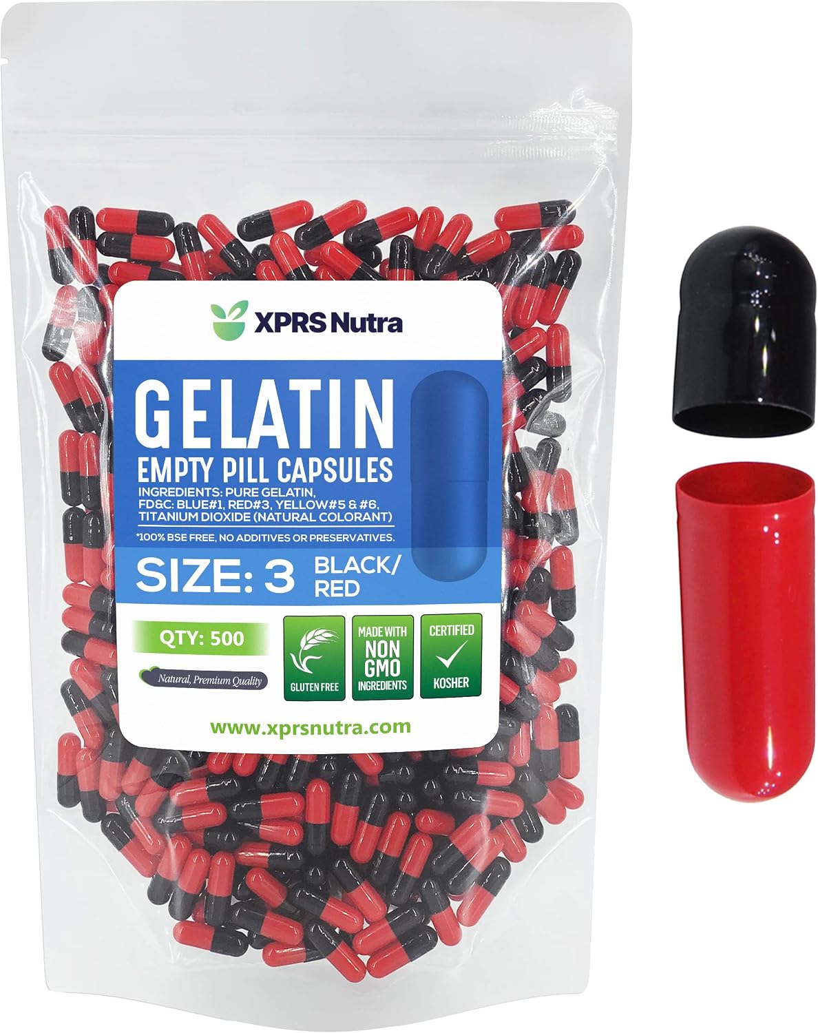 XPRS Nutra Size 3 Empty Gelatine Capsules - 500 Count - DIY Pill Capsule Filling - Pure Bovine Gel Caps (Black/Red) - görsel 1