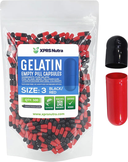 XPRS Nutra Size 3 Empty Gelatine Capsules - 500 Count - DIY Pill Capsule Filling - Pure Bovine Gel Caps (Black/Red)