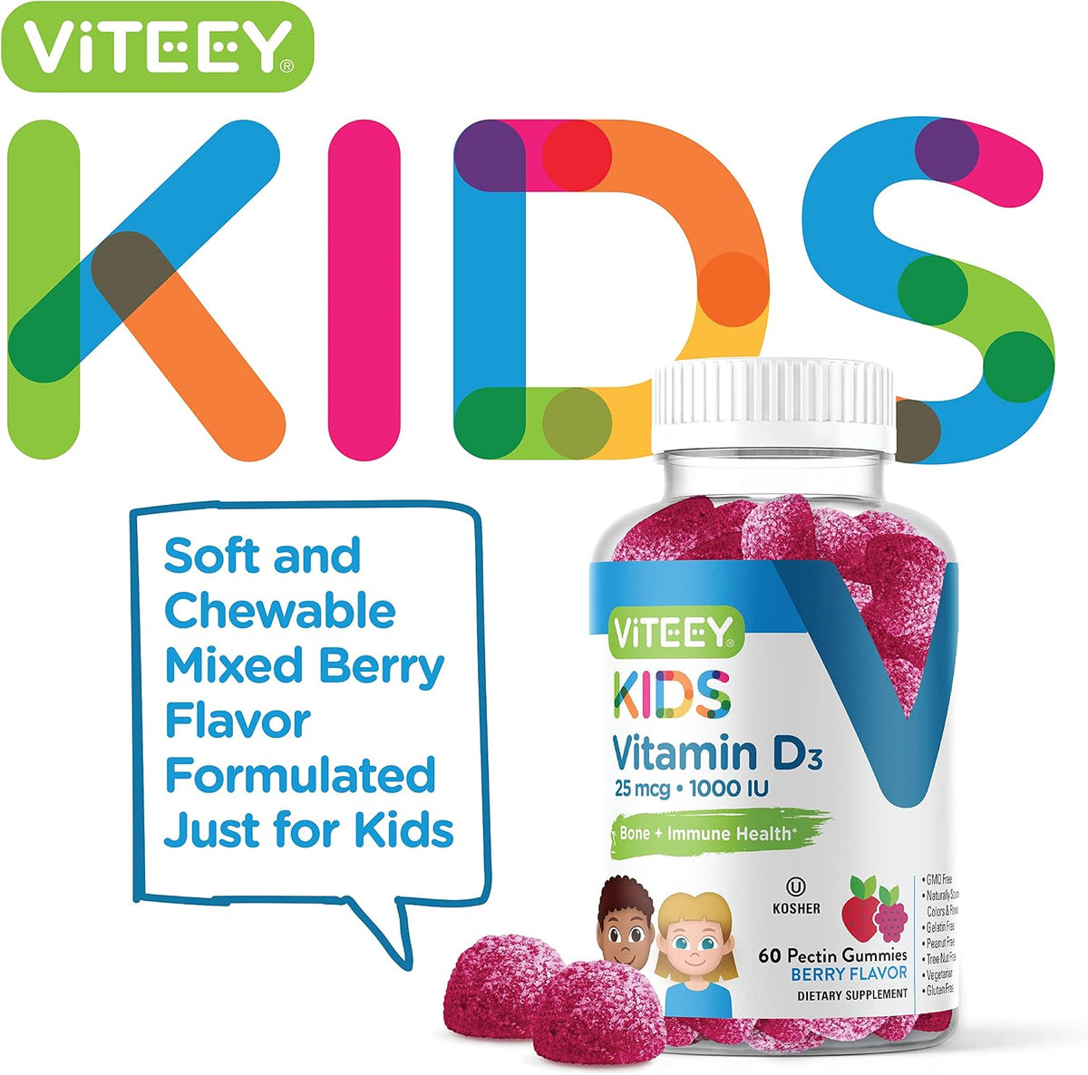 Viteey Vitamin D3 Children's Gummies 25mcg 1000 IU – Tasty Chewable Berry Flavoured | Bone Maintenance, Immune Function, Muscle Support – Vegetarian, Gelatine Free, Gluten-free, Non-GMO – 60 Count - görsel 2