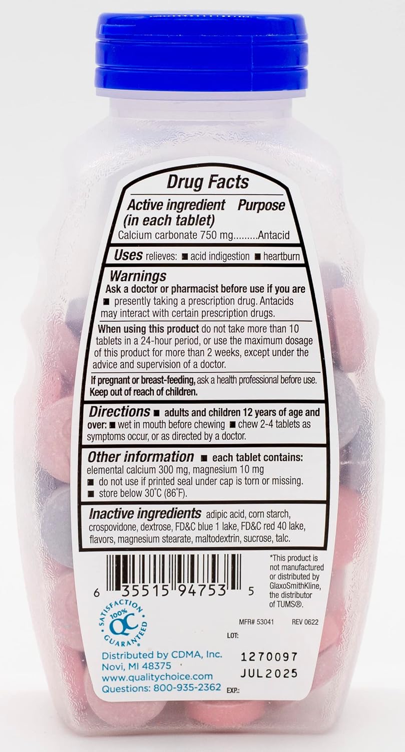 Quality Choice Extra Strength Antacid Tablets, Calcium Carbonate 750 mg, Assorted Berry Flavour, 96 Chewable Tablets (Pack of 2) - görsel 3