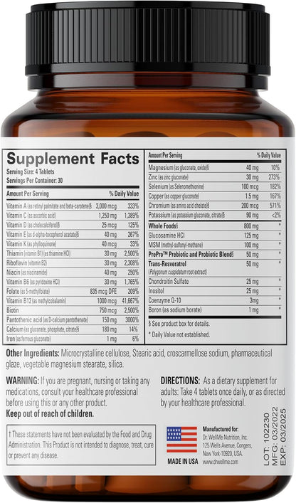 MultiWell Multivitamins for Adults 120 Tablets – High Potency Multivitamin with Whole Foods, Minerals, Antioxidants, Probiotics – Energy, Immune, Heart and Digestive Health