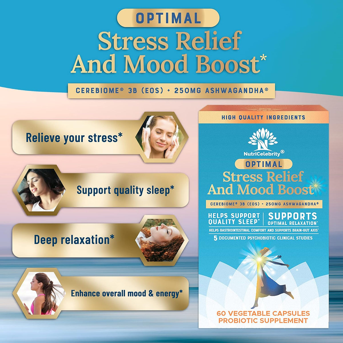 Optimal Stress Relief Supplement - Mood Support, Sleep Aid, KSM-66 Ashwagandha and Probiotics - 60 Capsules - görsel 3