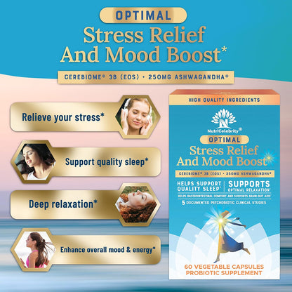 Optimal Stress Relief Supplement - Mood Support, Sleep Aid, KSM-66 Ashwagandha and Probiotics - 60 Capsules