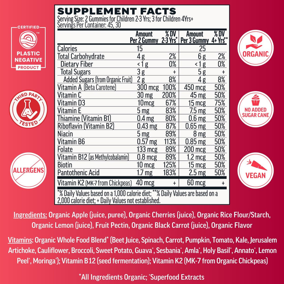Llama Naturals Kids Multivitamin Gummies – Real Fruit, No Added Sugar – Organic Vegan Toddler Whole Food Vitamins – Cherry 90 Gummies - görsel 4