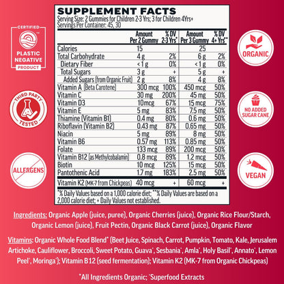 Llama Naturals Kids Multivitamin Gummies – Real Fruit, No Added Sugar – Organic Vegan Toddler Whole Food Vitamins – Cherry 90 Gummies