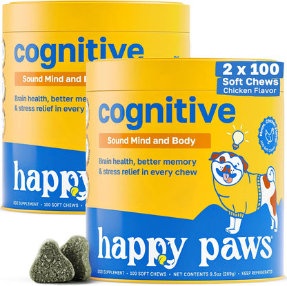 Happy Paws Cognitive Taurine Supplement for Dogs – Brain Health Soft Chews with Spirulina, CoQ10 & B Vitamins